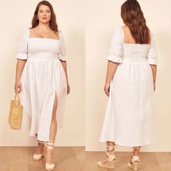 Reformation Dresses & Skirts - REFORMATION White MARABELLA Smocked Summer Linen Front Slit Midi Dress